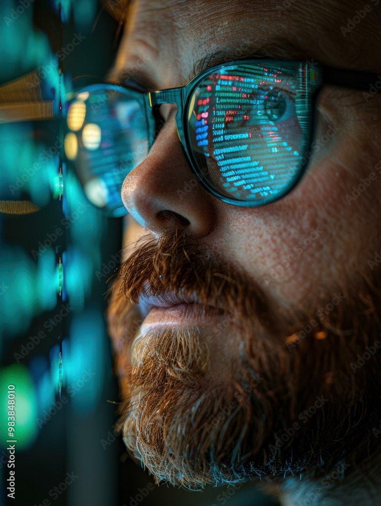 Poster a close-up of a man with a beard looking at a computer screen. ai.
