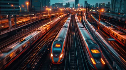 Cityscape Symphony: A captivating aerial view of a bustling train station, where modern high-speed trains converge amidst a dazzling display of city lights. The image evokes a sense of urban energy, c