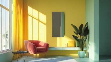 Bright living space with pink armchair, yellow walls, green plants, and modern shelf. AI generated