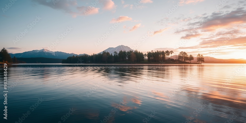 Wall mural Tranquil lake reflecting the sunrise behind mountains.