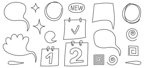 Doodle sketch set. Frame, star, check mark, calendar date and pattern. Vector illustration bundle. Black and white outline drawing