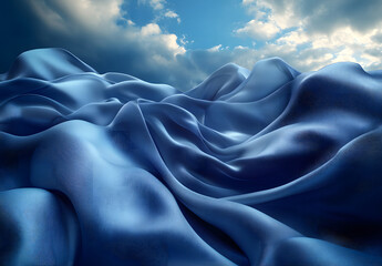 Obraz premium Flowing Blue Fabric Against Dramatic Sky - Abstract Motion and Elegance