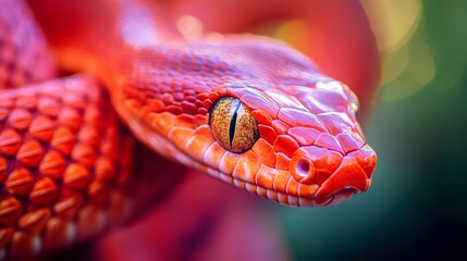 Obraz premium Close-up of a red snake's head, with vibrant red scales and shiny eyes. The background is blurred,