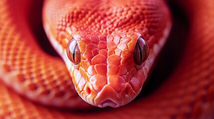 Fototapeta premium Close-up of a red snake's head, with vibrant red scales and shiny eyes. The background is blurred,