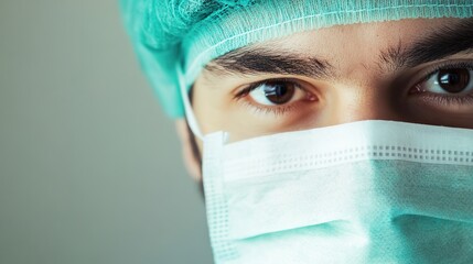 A skilled surgeon in a modern operating room, focused on a complex procedure. Dressed in scrubs, gloves, and a surgical mask, the surgeon is surrounded by advanced medical equipment 