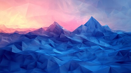 Fototapeta premium Featuring triangular shapes and a gradient sky, the low-poly abstract geometric landscape creates a striking abstract geometric background