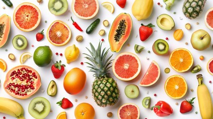 Vibrant arrangement of red, green, and orange fruits and vegetables on a white table with motion