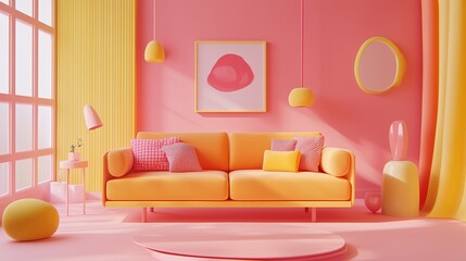 Yellow sofa, pink walls, artistic decor, and cheerful lighting. AI generated