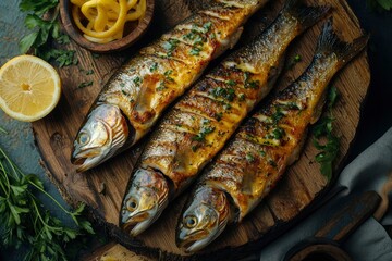 Fototapeta premium Three Grilled Fish with Lemon and Parsley on Wooden Cutting Board
