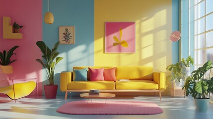 Yellow sofa, colorful pillows, wall art, large windows, and lush indoor plants. AI generated