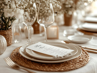 A beautifully arranged table setting for a special event, featuring delicate floral arrangements, fine glassware, and a stylish menu card