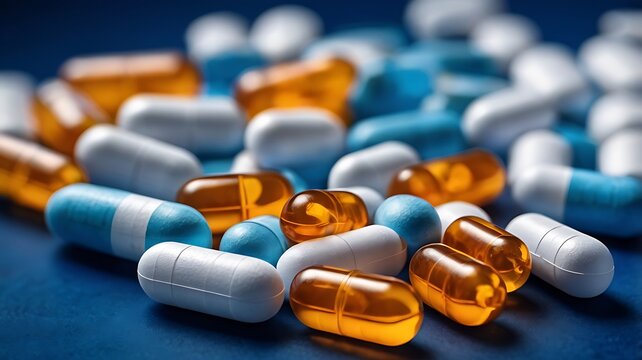 Antibiotic pills and blister pack on a blue background