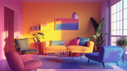 Bright living room with colorful sofas, accent walls, modern decor, and indoor plants, ai generated.
