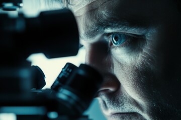 Scientist peering through a futuristic microscope