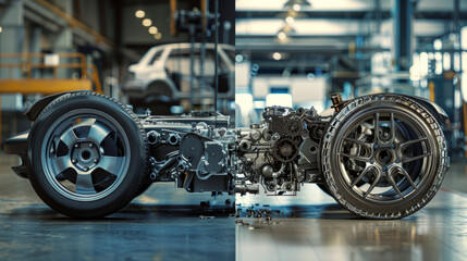 Fototapeta premium A side by side comparison of perfect and defective car engine showcases intricate details and mechanical components, highlighting contrast in quality.