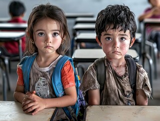A classroom scene where a neatly dressed child with a shiny new backpack sits next to a child in torn, dirty clothes, their desks side by side, emphasizing the difference in their economic situations.