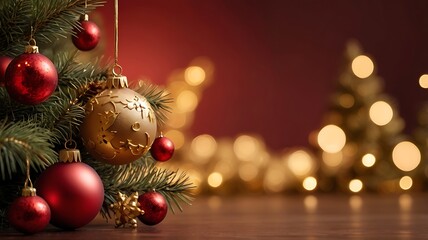 Christmas tree with ornaments and golden stars on the bokeh lights background