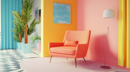 Bright living space with coral armchair, tropical plants, and pastel walls, ai generated.