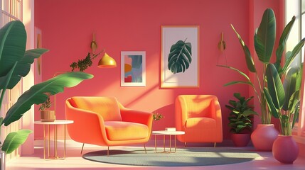 Bright coral living room with orange armchairs, tropical plants, and wall art, ai generated.
