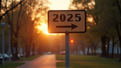 Obraz premium Rural Signpost Displaying 2025 at Golden Sunset