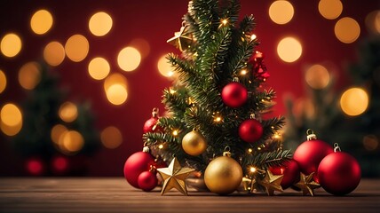 Christmas tree with ornaments and golden stars on the bokeh lights background