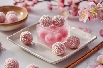 Pink Flower-Shaped Delights Encased in Jelly with Cherry Blossoms