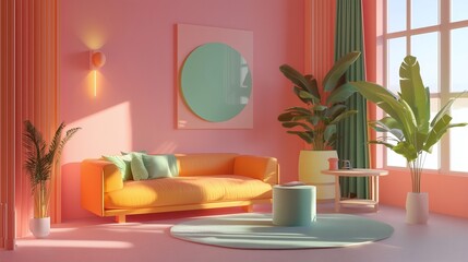 Bright pink living room with yellow sofa, pendant lighting, and plants, ai generated.
