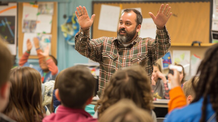 Engaged educator leading classroom discussion with students actively participating.