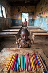 A classroom setting where one child's desk is filled with new, colorful supplies, while the child next to them has only a few worn-out pencils