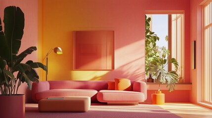Vibrant pink and yellow living room with curved sofa, coffee table, large windows, and greenery, ai generated.