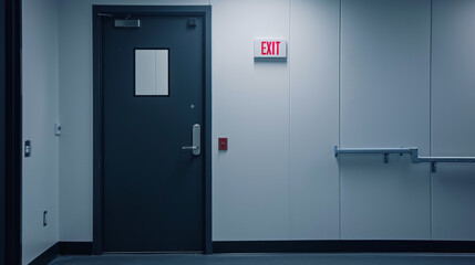 A dark office door with small window and an exit sign above it creates sense of urgency and safety.