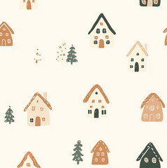 Fototapeta premium A minimalist handdrawn pattern of gingerbread houses pale colours, cool tones, beige background 