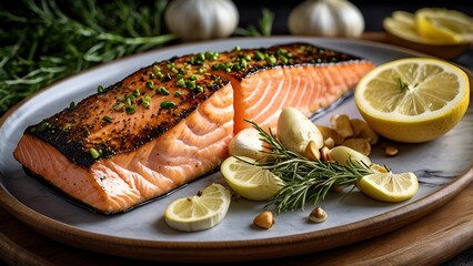 A delectably savory garlic butter salmon, delicately plated on a ceramic dish.