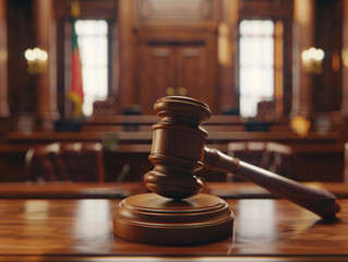A gavel striking sound block in courtroom setting evokes sense of authority and justice.