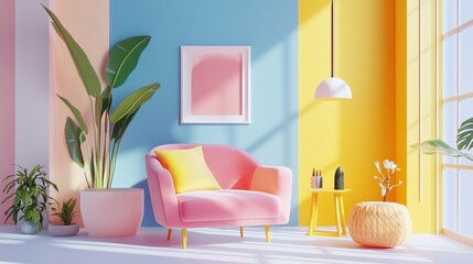 Bright living space with pink sofa, tropical plants, colorful walls, and round table, ai generated.