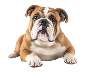 Obraz premium Brown and white bulldog lying down with head up, transparent background.