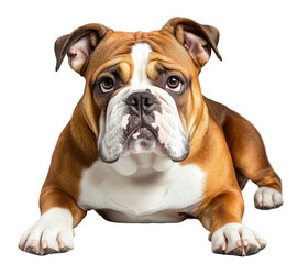 Obraz premium Brown and white bulldog lying down with relaxed pose, transparent background.