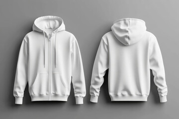 Unisex white zip front hoodie mockup front and back zipper closed hood down good style and shape on gray background no people, with copy space