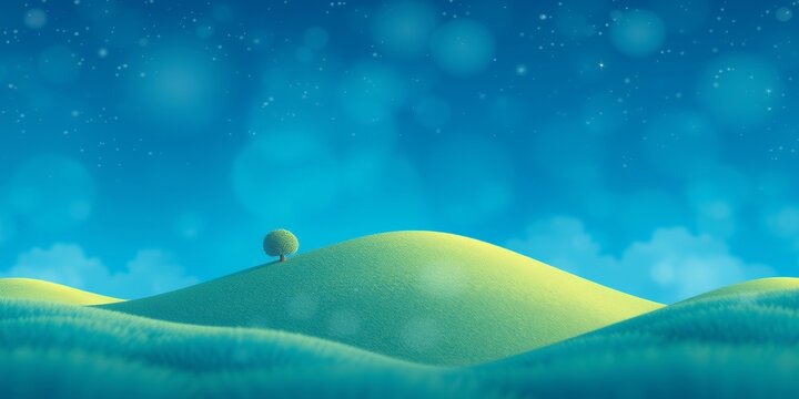 A single tree stands on a rolling green hill against a vibrant blue sky.