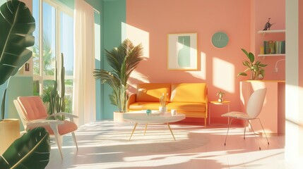 Orange living room with sofa, pink armchair, tropical plants, and pastel walls, ai generated.
