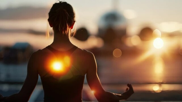 Woman practicing yoga near a private jet at sunset, embodying balance and harmony in a serene atmosphere