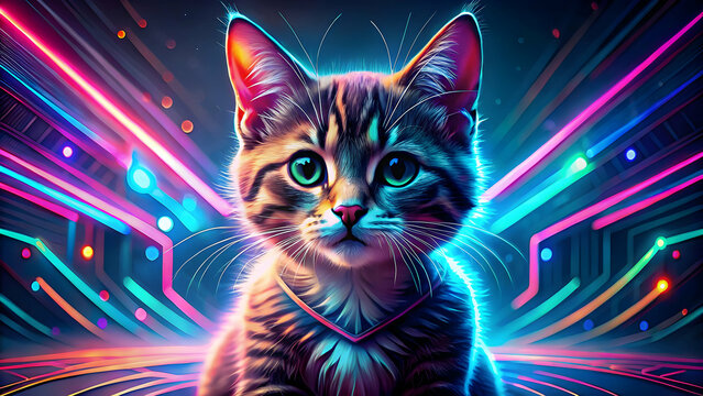 Playful tabby kitten, illuminated by neon lights, exploring a mysterious dimension.