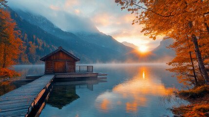 Fototapeta premium A picturesque autumn lake at sunrise with a dock leading to a wooden house, surrounded by misty mountains and reflective water