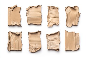 Ten pieces of torn corrugated cardboard, each with rough, uneven edges.