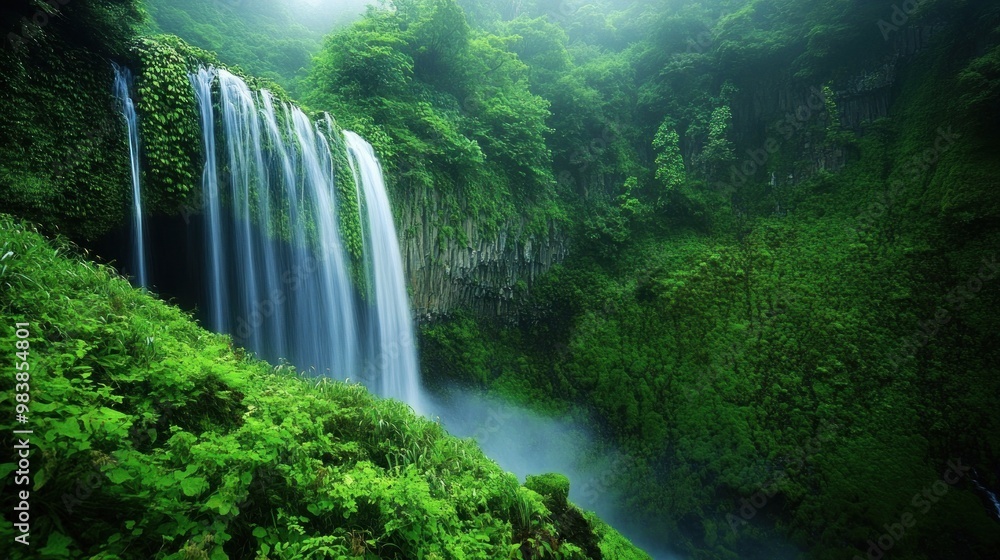 Poster Serene Waterfall Cascading Through Lush Greenery