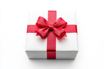 White gift box with red bow isolated on white background