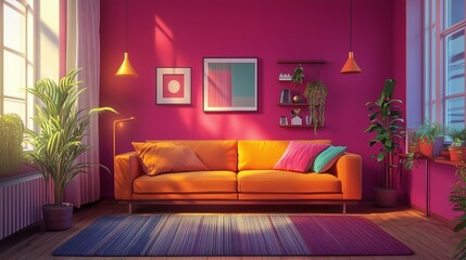 Bright and vibrant living room with orange sofa, colorful cushions, lush green plants, and sunlight illuminating pink walls. AI generated