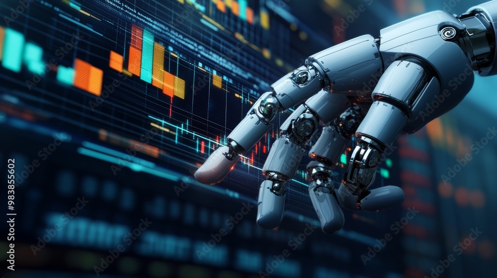 Aufkleber robotic hand interacting with data on a screen.
