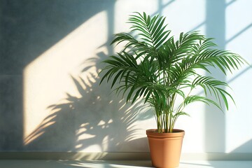 A light gray room with pots of small green plants bathed in soft sunlight coming through the window.