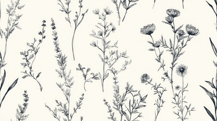 Seamless pattern featuring wild plants Vintage sketch Botanical illustration on a light background
